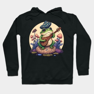 Cottagecore aesthetic frog playing ukelele on Mushroom Hoodie